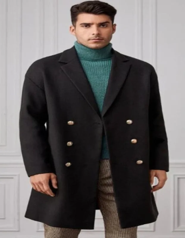 Men Lapel Collar Double Breasted Overcoat