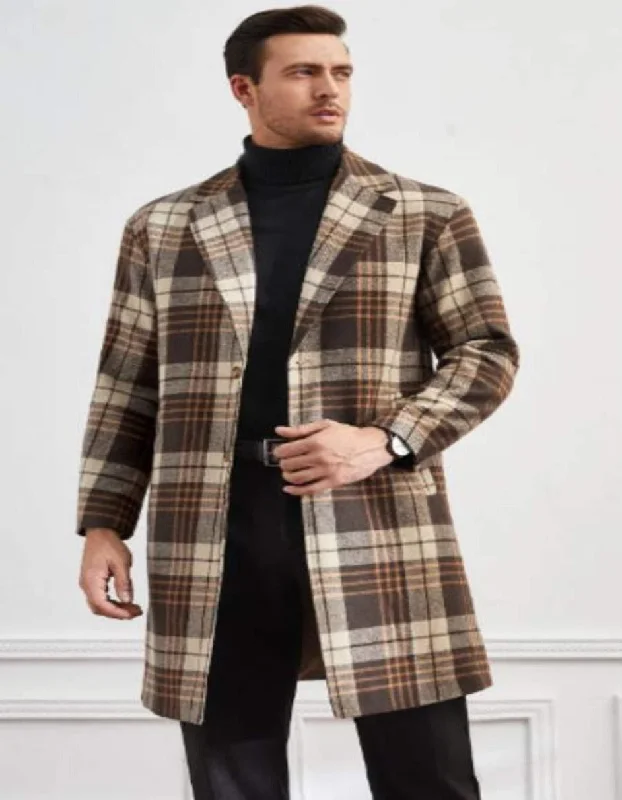 Mens Overcoat - Topcoat For Men - Winter Fabric-Men Plaid Lapel Neck Slant Pockets Overcoat