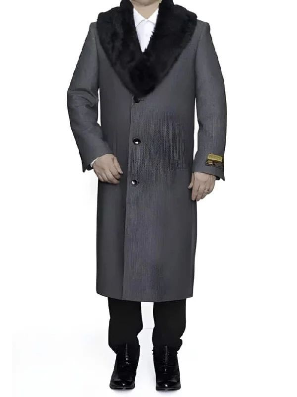 Mens Overcoat - Topcoat For Men - Winter Fabric - Removable Ankle length Fur Collar Full Length Gray Wool Herringbone ~ Overcoat 1920s 1940s men's Fashion Vintage Style - Mens Topcoat