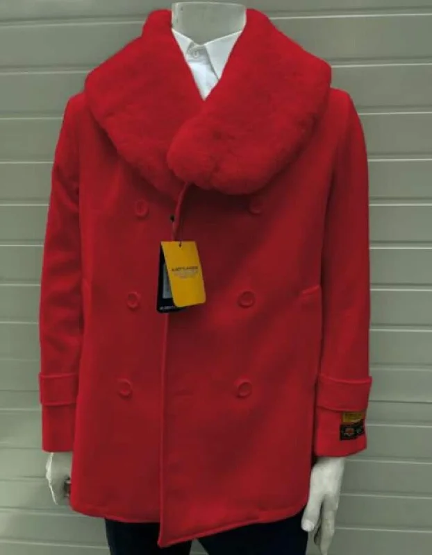 Mens Pea coats With Fur Collar - Wool Hot Red Peacoats