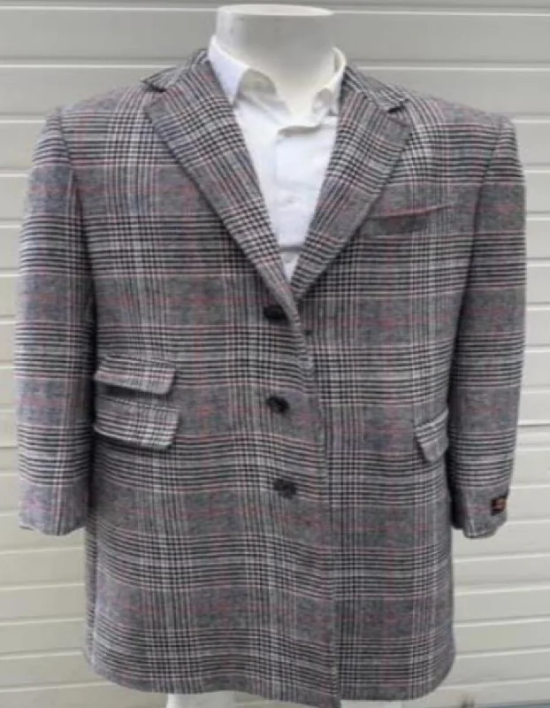 Mens Plaid Overcoat - Checkered Carcoat - Wool Three Quarter Peacoat Plaid Pattern Multi-Color