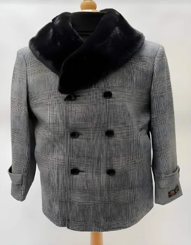 Mens Plaid Overcoat - Hounstooth Checker Pattern Topcoat - Gray