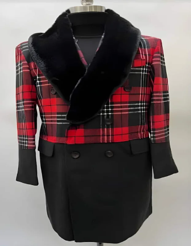 Mens Plaid Overcoat - Hounstooth Checker Pattern Topcoat - Red ~ Black