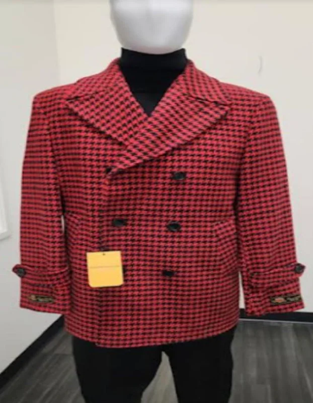 Mens Plaid Overcoat - Wool Peacoat - Plaid Topcoats Double Breasted Red