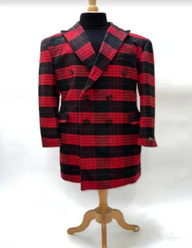 Mens Plaid Overcoat - Wool Peacoat - Plaid Topcoats Red and Black