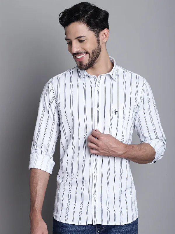 Men's White Casual Stripe Print Full Sleeve Shirt