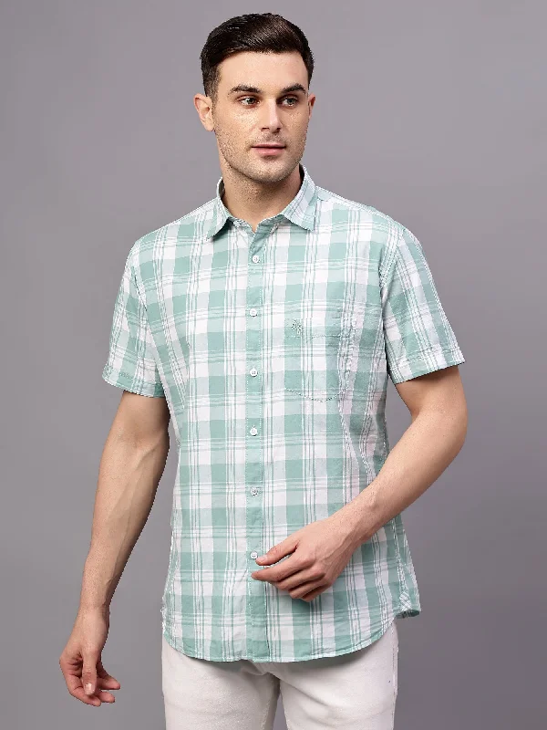 Men's Turquoise Casual Big Checks Half sleeve Shirt