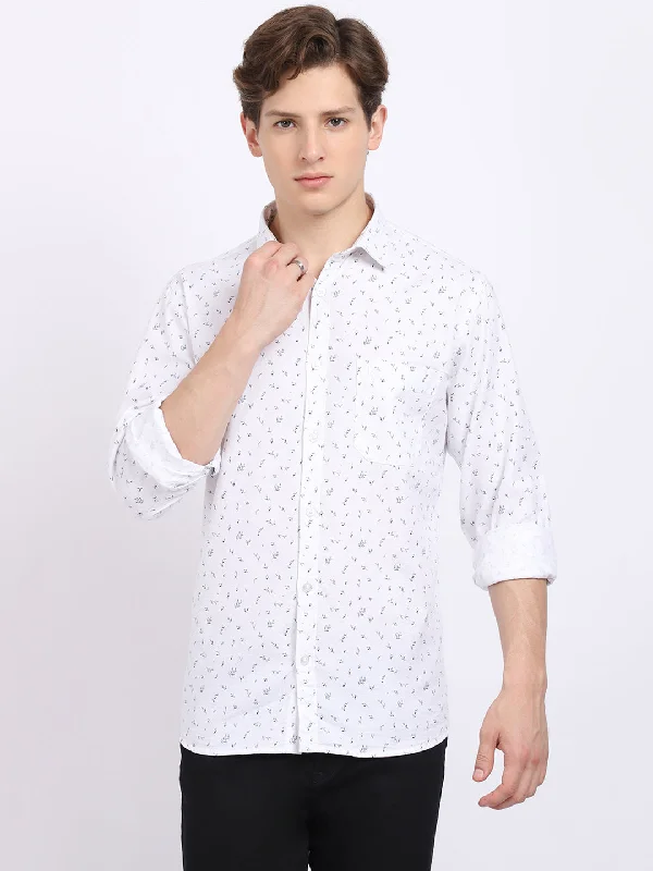 Men's White Casual Floral Print Full Sleeve Shirt