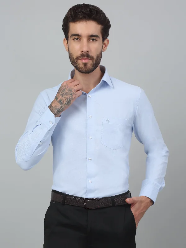 Men's Sky Blue Formal Self Textured Full Sleeve Shirt