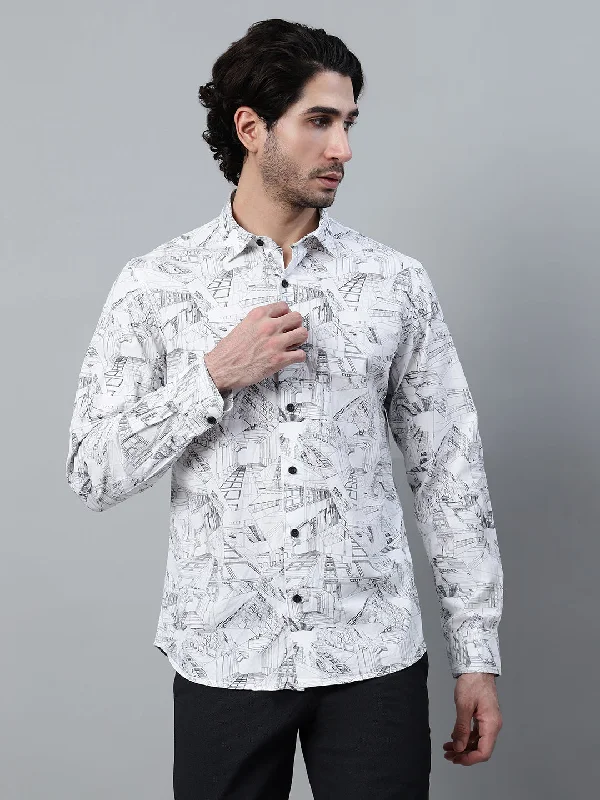 Men's White Printed Full Sleeve Casual Shirt