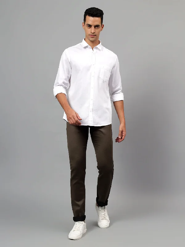 Men's White Self Design Casual Full Sleeves Shirt