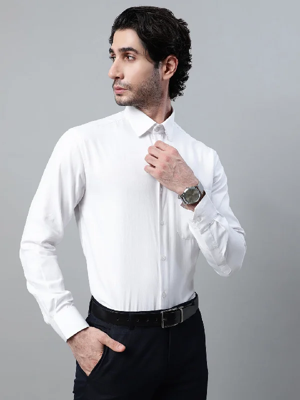 Men's White Self Design Full Sleeve Formal Shirt