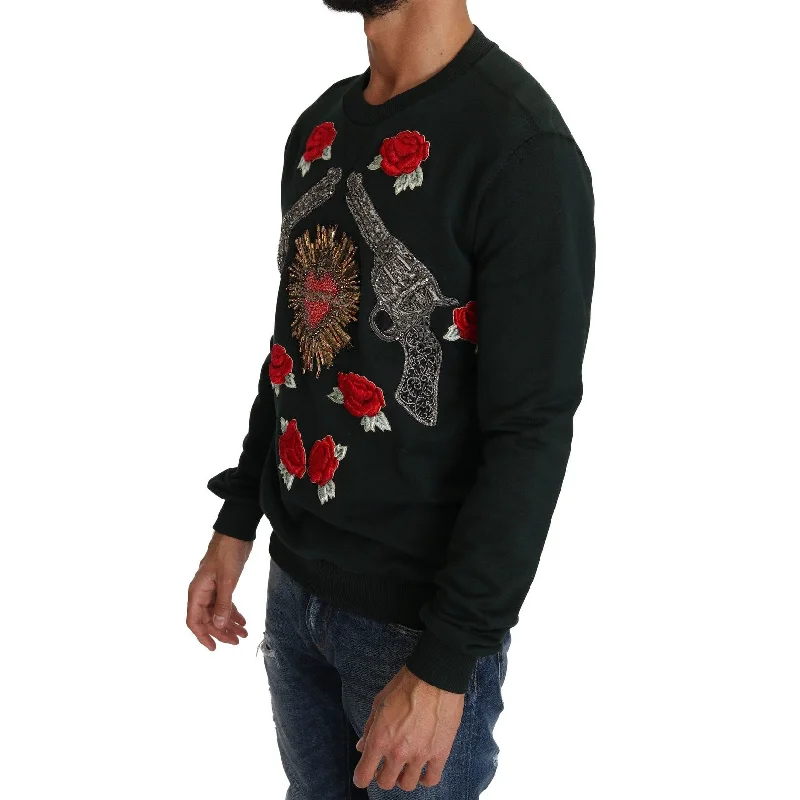 Dolce & Gabbana Emerald Cotton Sweater with Crystal Men's Embroidery