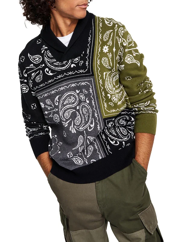 Mens Paisley Shawl Neck Pullover Sweater