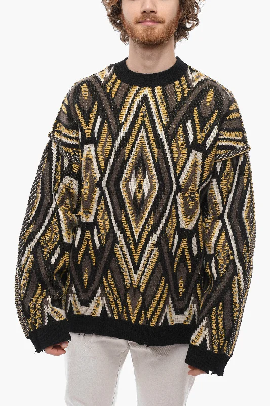 RAMAEL Crew Neck Cashmere Blend Pullover with Geometric Motif