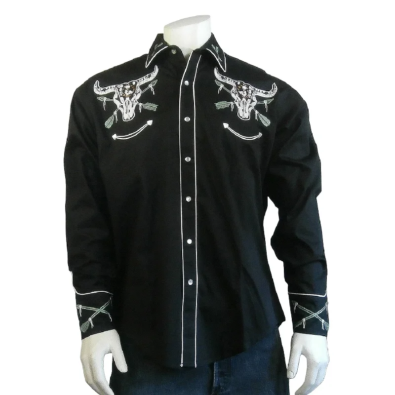 Rockmount Mens Steer Skull and Arrow Black 100% Cotton L/S Shirt