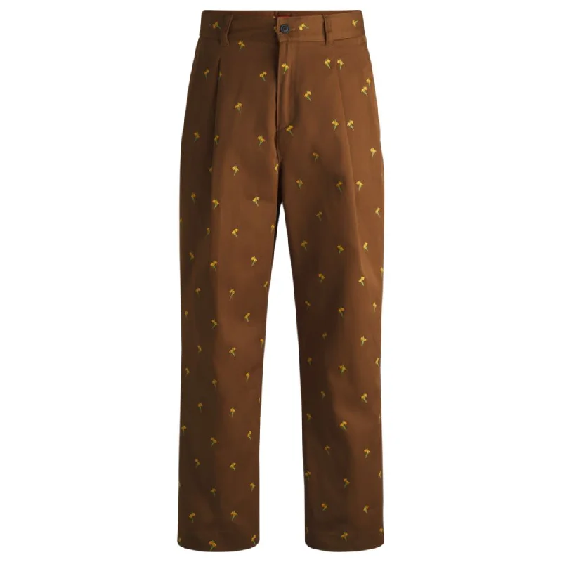 Flat-fronted trousers in floral-embroidered twill