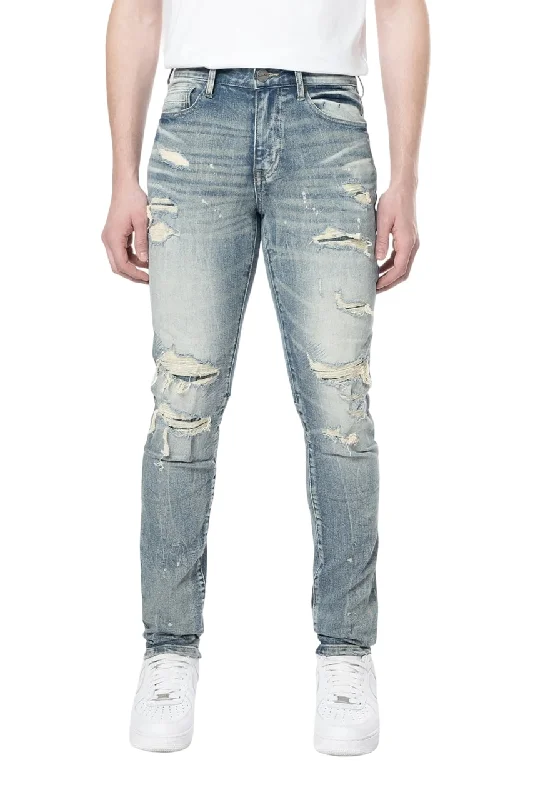 Smoke Rise Men's Slim Tapered Rip & Repaired Colored Jeans